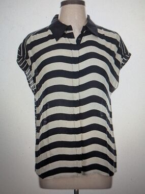 Michael Stars Striped Silk  Button-Front Top in Navy and White